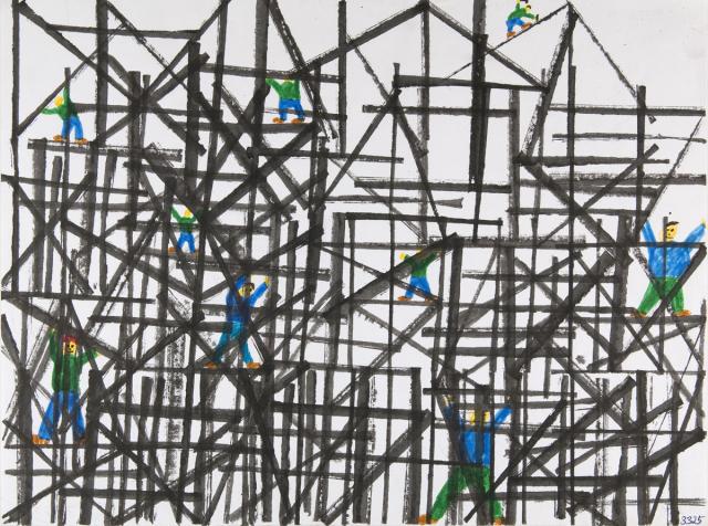 Kartonkantendruck: Auf dem Baugerüst