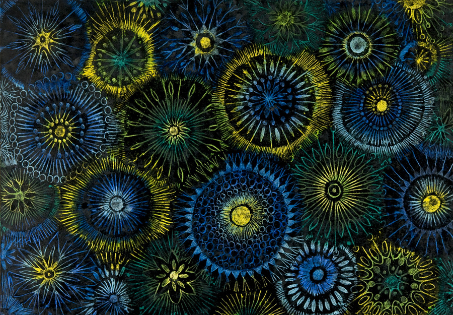 Wachskreide-Auskratztechnik: Rosetten