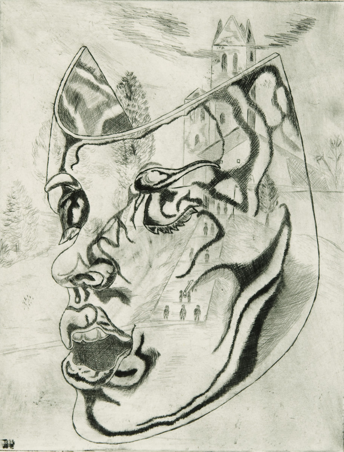 Maske in surrealistischer Landschaft