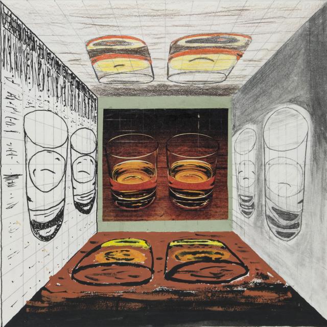 Surrealer Raum mit Trinkgläsern