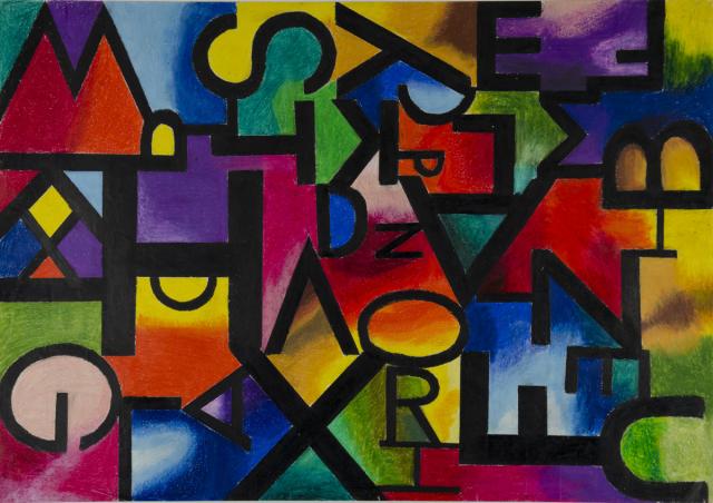 Schwarze Buchstaben auf buntem Hintergrund