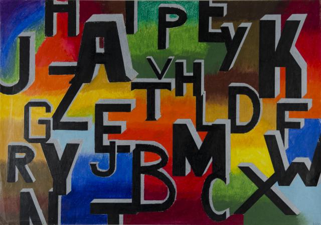 Schwarze Buchstaben auf buntem Hintergrund