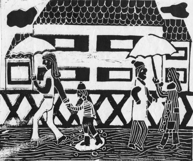 Personen mit Regenschirm