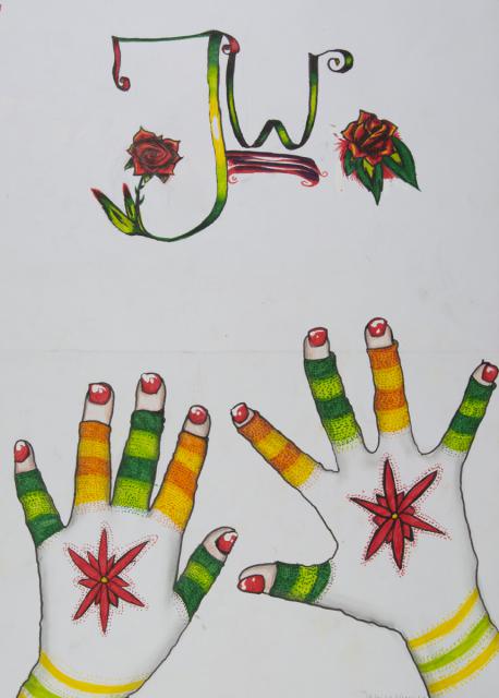 Initialen und Hände