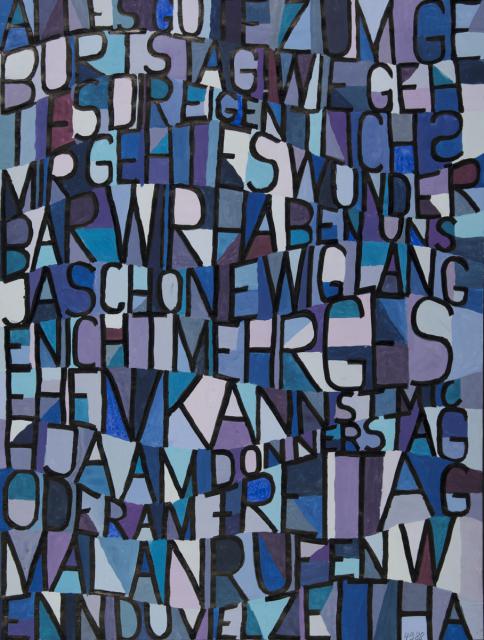 Schwarze Buchstaben auf buntem Hintergrund: "Buchstabenteppich"