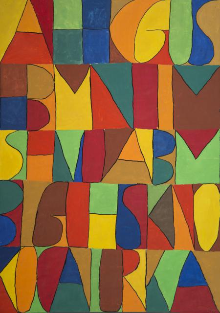 Schwarze Buchstaben auf buntem Hintergrund: "Buchstabenteppich"