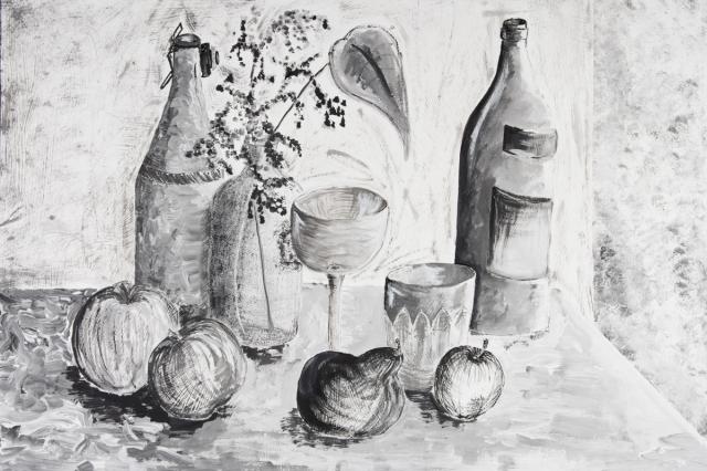 Stillleben: Gefäße und Früchte