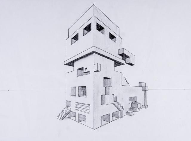 Perspektive mit 2 Fluchtpunkten: Futuristisches Gebäude