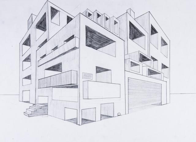 Perspektive mit 2 Fluchtpunkten: Futuristisches Gebäude