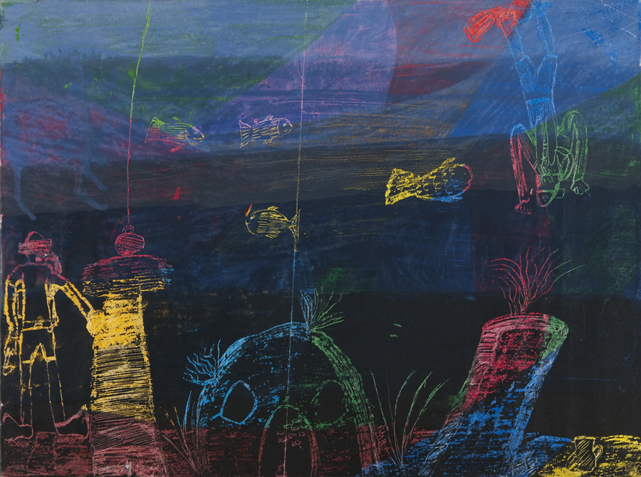 Wachskreide-Auskratztechnik: Unterwasserwelt