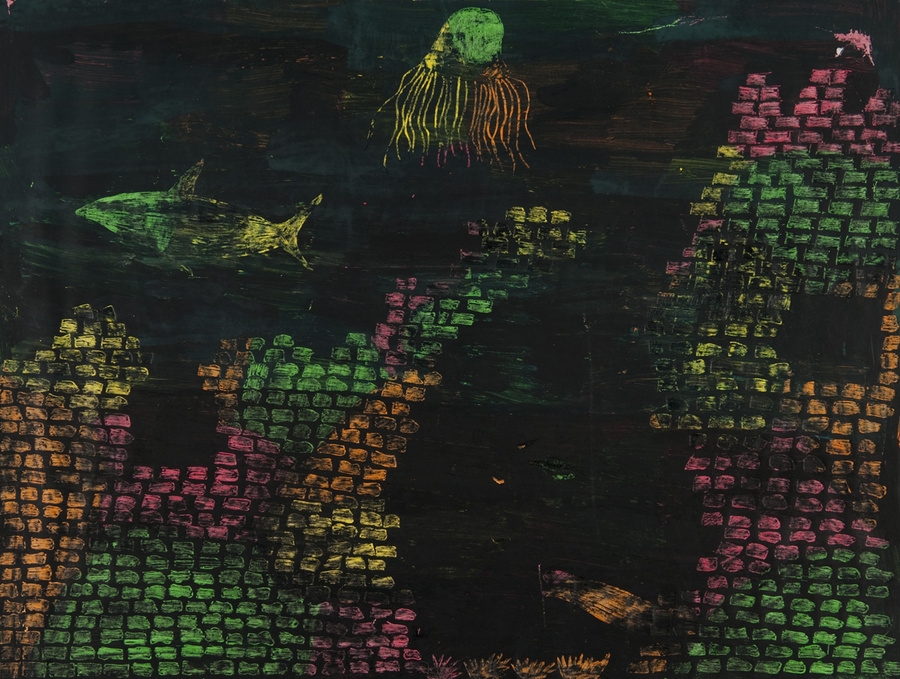 Wachskreide-Auskratztechnik: Unterwasserwelt